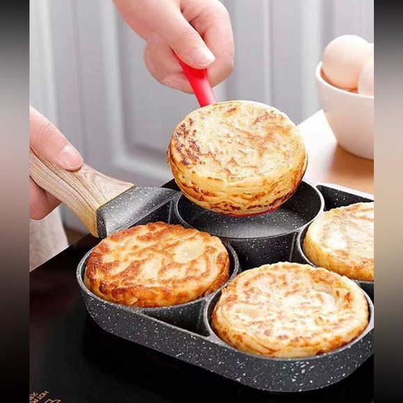 1pc Fry Pan For Egg, Non Stick Ham Pancake Maker w/ Wooden Handle, 4 holes - Picture 6 of 8